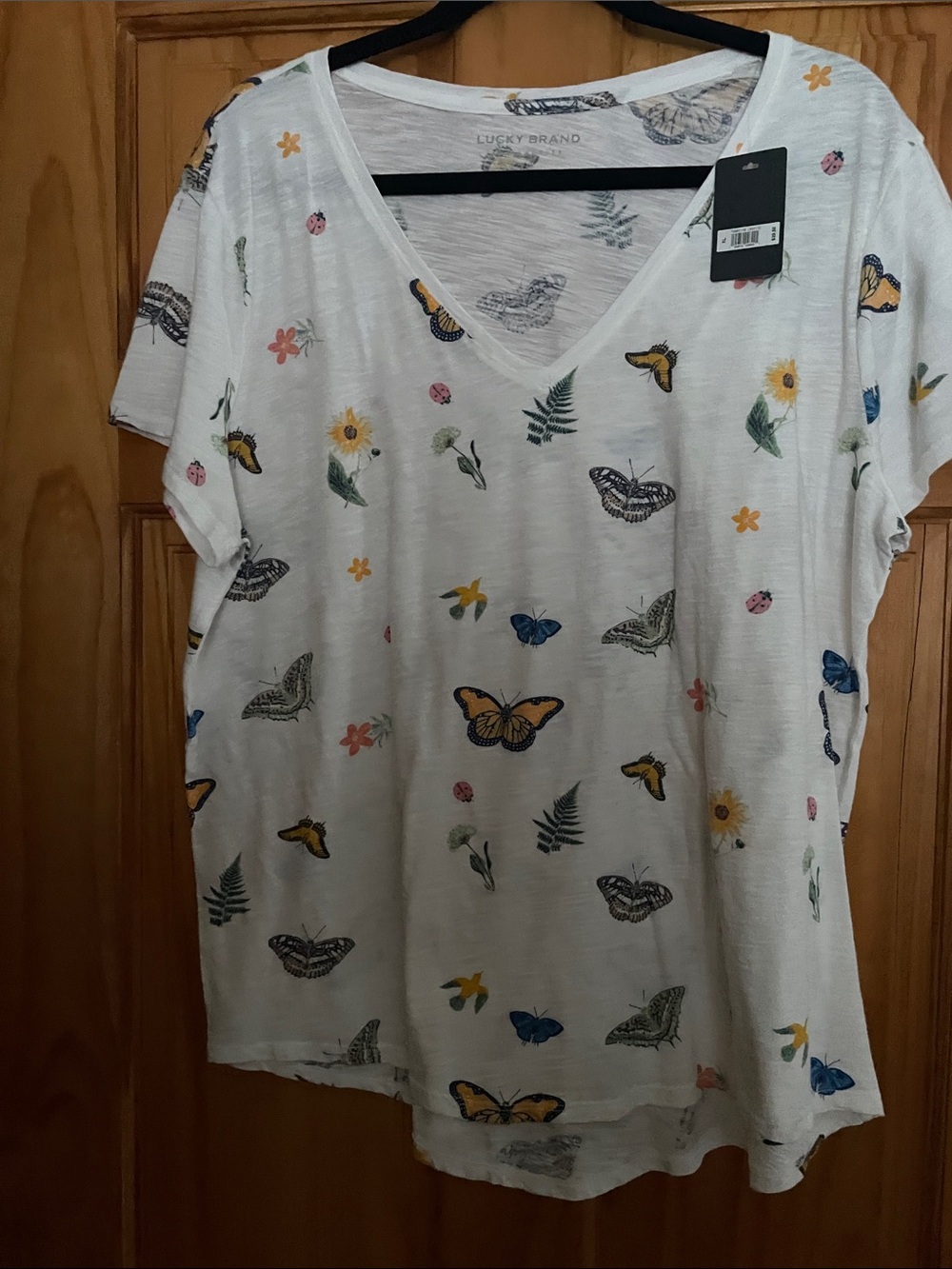 Lucky Brand White V-Neck Tee with Multicolor Butterfly & Floral Print